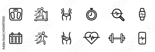 Fitness and Wellness Icon Set Treadmill Scale Waist Heart Rate Dumbbell