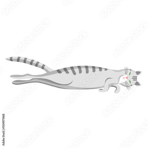 A cartoon, gray, striped cat lies stretched out.vector illustration of a pet.