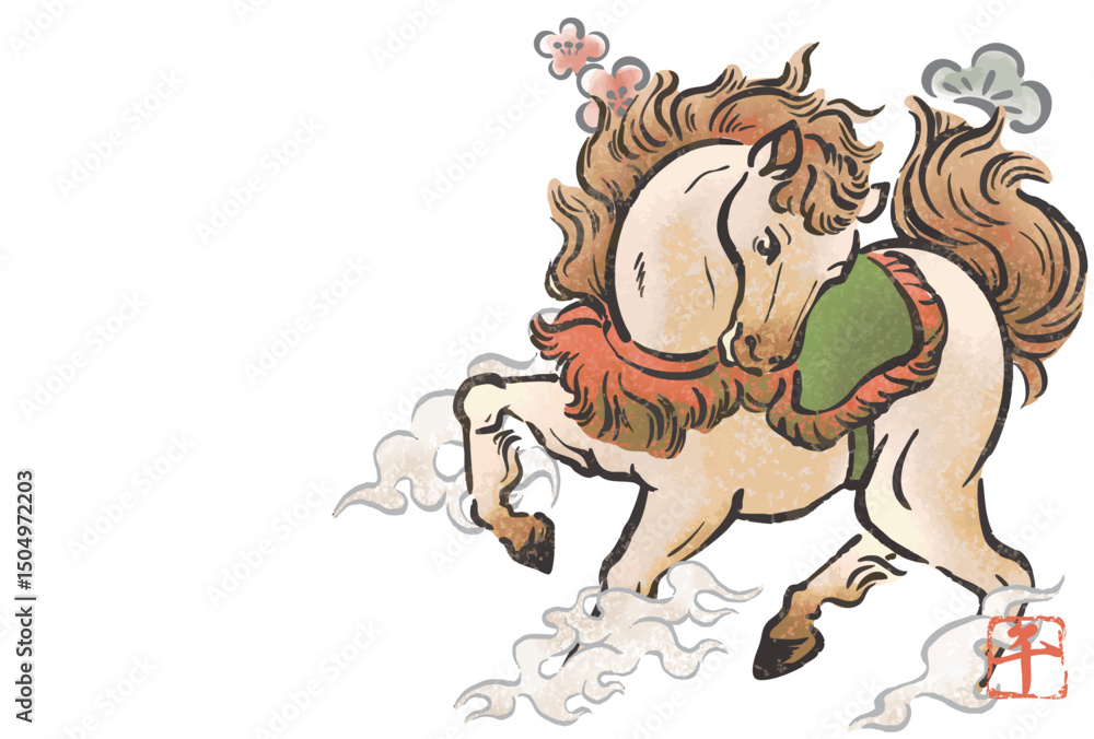 Obraz premium 年賀状2026 年賀2026 午 午年 馬 うま 墨絵 水墨画 水彩 日本画 テンプレート デザイン