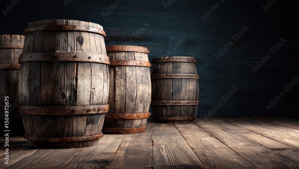 Aged wooden barrels, rustic setting, dark background, wood planks Aged wooden barrels, rustic setting, dark background, wood planks