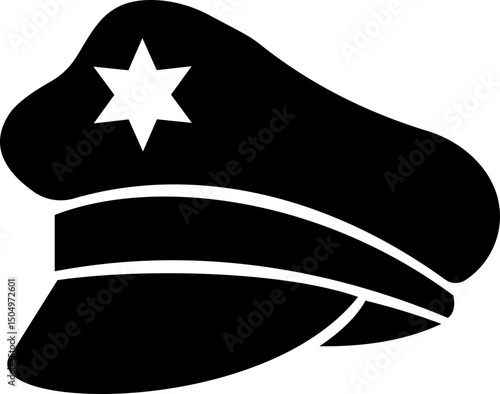 Black police hat icon in flat style. Police officer uniform item with badge. Realistic policeman uniform headgear vector from law and justice for web and mobile app isolated on transparent background.