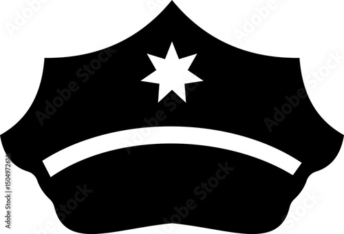 Black police hat icon in flat style. Police officer uniform item with badge. Realistic policeman uniform headgear vector from law and justice for web and mobile app isolated on transparent background.