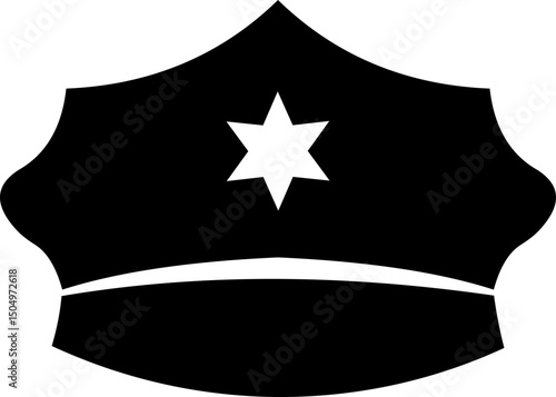 Black police hat icon in flat style. Police officer uniform item with badge. Realistic policeman uniform headgear vector from law and justice for web and mobile app isolated on transparent background.