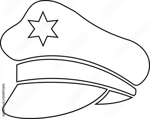 Black police hat icon in flat style. Police officer uniform item with badge. Realistic policeman uniform headgear vector from law and justice for web and mobile app isolated on transparent background.