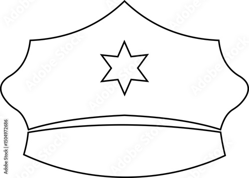 Black police hat icon in flat style. Police officer uniform item with badge. Realistic policeman uniform headgear vector from law and justice for web and mobile app isolated on transparent background.