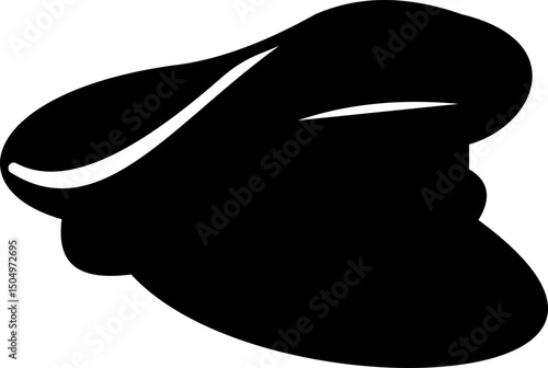 Black police hat icon in flat style. Police officer uniform item with badge. Realistic policeman uniform headgear vector from law and justice for web and mobile app isolated on transparent background.