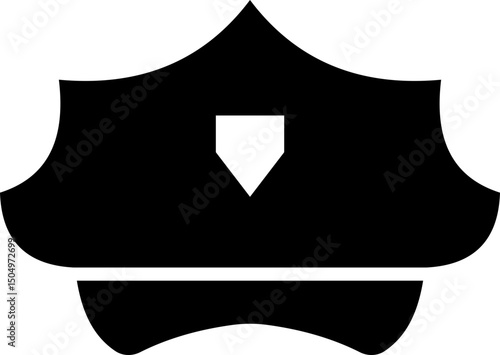 Black police hat icon in flat style. Police officer uniform item with badge. Realistic policeman uniform headgear vector from law and justice for web and mobile app isolated on transparent background.