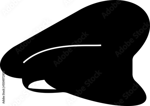 Black police hat icon in flat style. Police officer uniform item with badge. Realistic policeman uniform headgear vector from law and justice for web and mobile app isolated on transparent background.