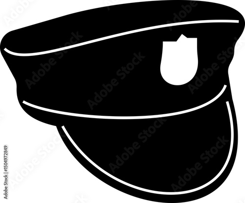 Black police hat icon in flat style. Police officer uniform item with badge. Realistic policeman uniform headgear vector from law and justice for web and mobile app isolated on transparent background.