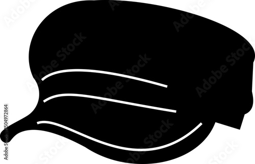 Black police hat icon in flat style. Police officer uniform item with badge. Realistic policeman uniform headgear vector from law and justice for web and mobile app isolated on transparent background.