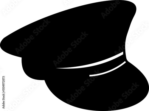 Black police hat icon in flat style. Police officer uniform item with badge. Realistic policeman uniform headgear vector from law and justice for web and mobile app isolated on transparent background.