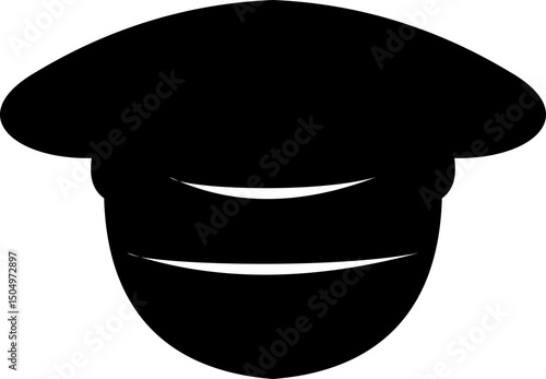 Black police hat icon in flat style. Police officer uniform item with badge. Realistic policeman uniform headgear vector from law and justice for web and mobile app isolated on transparent background.