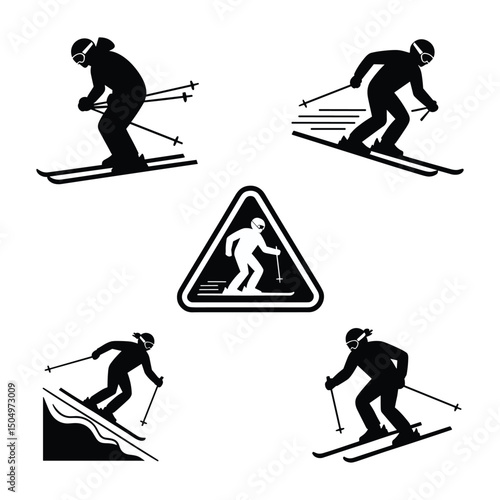 Skiers in Action: Black and White Silhouette Illustrations