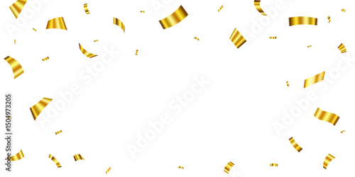 Falling shiny golden confetti on transparent background for celebration or party invitation design. Celebration border with gold confetti, carnival ribbons, confetti, vector
