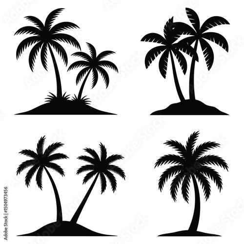 Four Silhouette Palm Trees on Islands