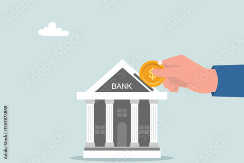 Businessman puts dollar coins in bank for investment. Wealth management or loans for companies, money growth or profit and income concept.