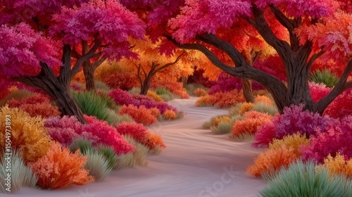 Autumnal Forest Path Colorful Trees Plants Fall Foliage Nature Scene