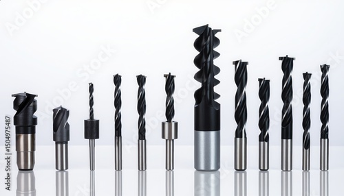 Set of various drill bits neatly arranged on white background, top-down view. Ideal for product catalogs, tool identification, hardware store ads, and DIY concepts