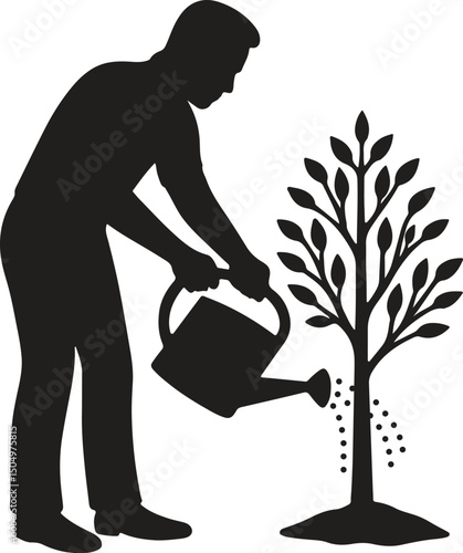silhouette of a man watering a little tree vector art illustration isolated on transparent background