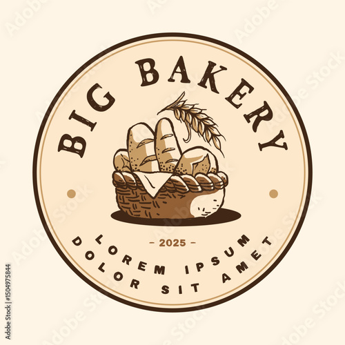 Hand drawn illustration of various type of bread in the basket and one stalk of wheat above. Vintage round label or badge logo style