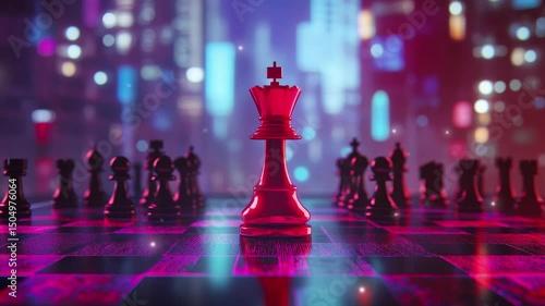 Futuristic Surreal Red King Piece in Chess Game with Black Pieces on Digital Board. Strategy and business concept