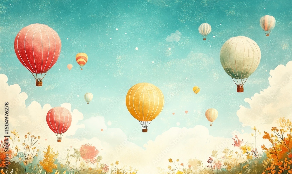 Obraz premium whimsical illustration of a hot air balloon festival, with colorful balloons dotting a clear sky, Generative AI