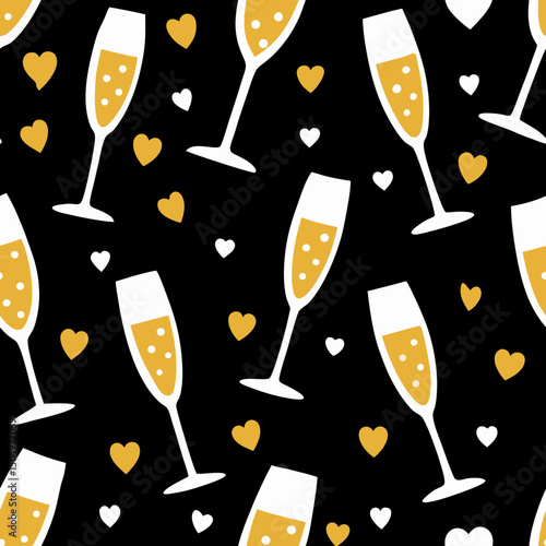 Seamless vector pattern of champagne flutes and hearts on black background  