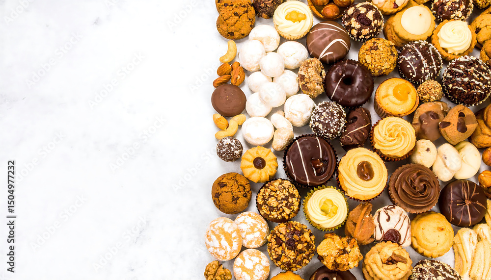 Obraz premium Assorted cookies and pastries laid out on clean white surface