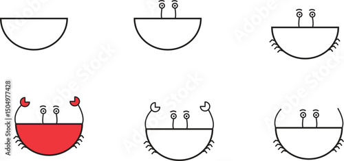 Step by step guide to draw a cute red crab in a simple cartoon style, perfect for kids’ educational art activities and worksheets


