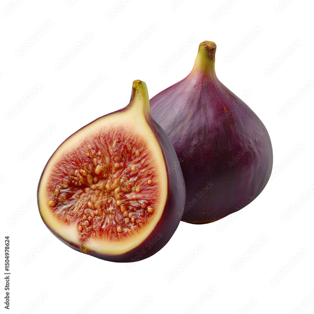 Two ripe figs, one whole and one cut, isolated on white background Two ripe figs, one whole and one cut, isolated on white background