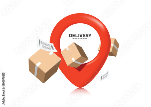 Brown parcel box or cardboard box floats in the air to red pin marking the customer's location for product delivery, vector 3d illustration isolated for online shopping and delivery advertising design