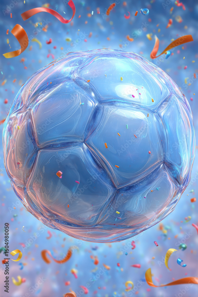 Naklejka premium A translucent soccer ball floats in the air surrounded by colorful confetti and ribbons against a blue background.