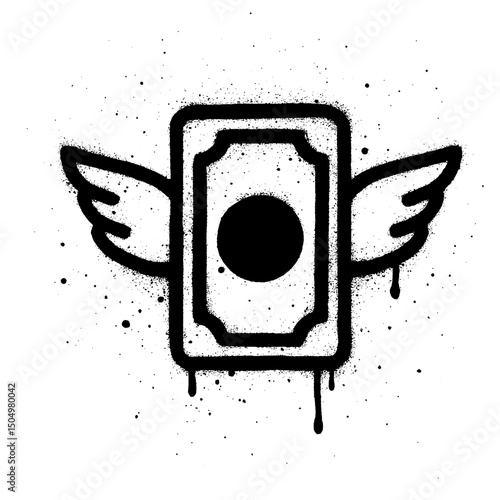Creative black and white graffiti artwork of a flying money bill with wings, representing fast-spending or disappearing money.