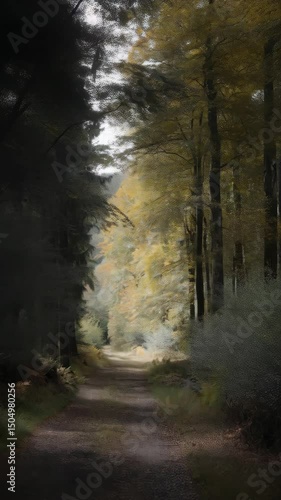Tranquil forest path with sunlight breaking through the trees on a peaceful morning walk in nature