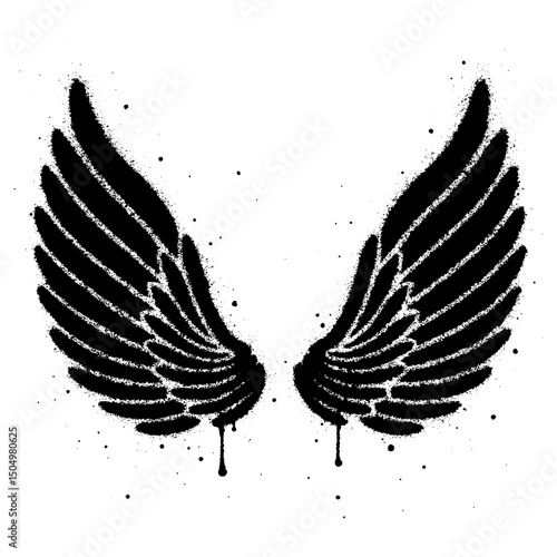 high resolution black and white graffiti style illustration of angel wings created with spray paint.