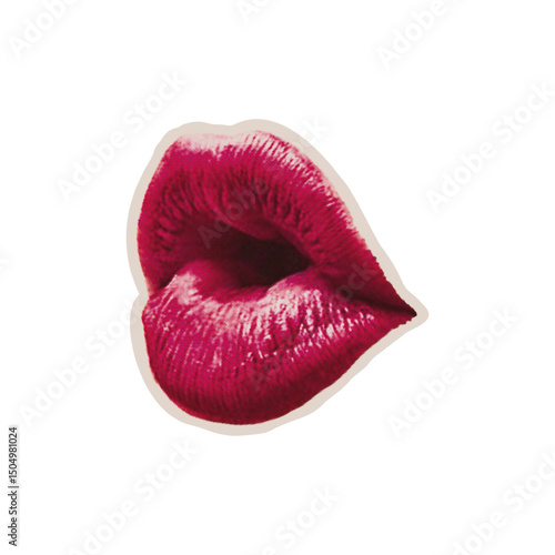 Trendy halftone collage of a lips woman cut out an old newspaper. Isolated vector illustration colorful retro sticker of in kiss with Bitmap and Dots texture. Vintage aesthetic, 90s vibe, nostalgic