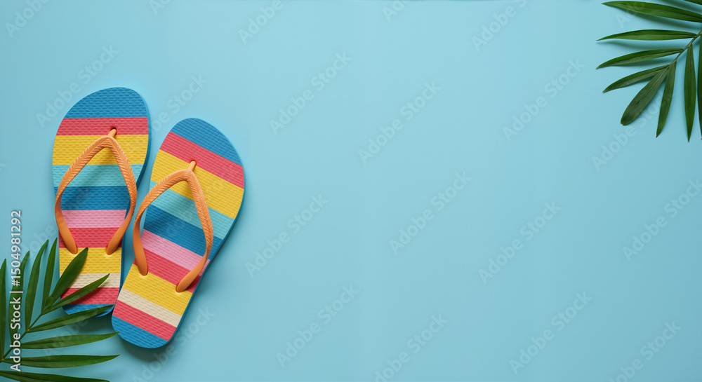 Fototapeta premium Colorful striped flip flops with orange straps on blue background with palm leaves. Summer beach accessories with copy space for vacation promotions and seasonal advertisements