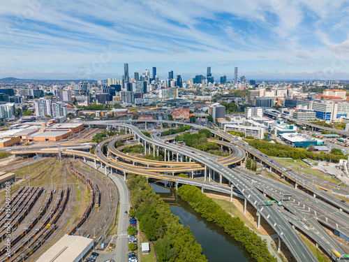 Aerial view of Brisbane city and highway traffic
