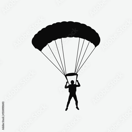 Skydiver Silhouette with Parachute in Mid-Air – Vector Adventure Scene with Clouds and Airplane on White Background