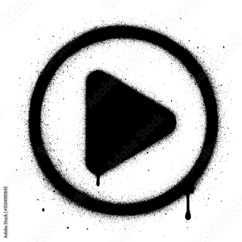 Black spray painted play button symbol inside a circle, designed in a gritty urban street art style. Grunge stencil effect with dripping paint on a white background.