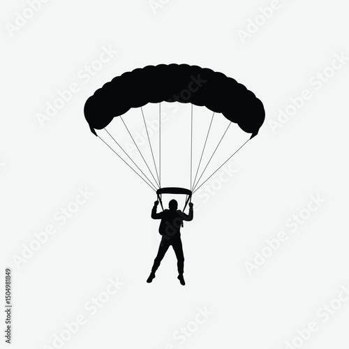Skydiver Silhouette with Parachute in Mid-Air – Vector Adventure Scene with Clouds and Airplane on White Background