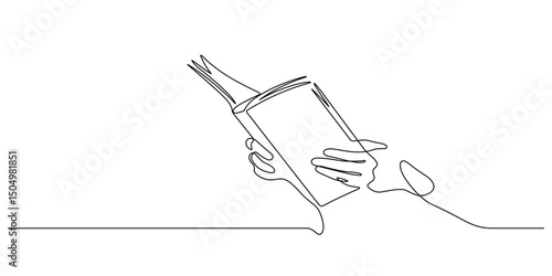 hand holding book handdrawn sketch. one line drawing continuous of reading and learning educational concept copy space minimalism