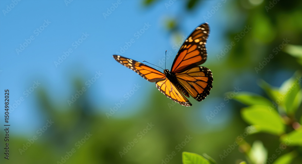Fototapeta premium Monarch butterfly with orange wings flying against blue sky and green foliage. Graceful insect in mid-flight during migration. Wildlife conservation and environmental awareness symbol