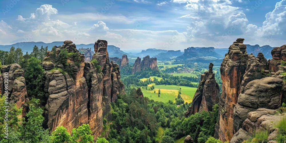 Fototapeta premium A scenic view of unique rock formations towering over a lush green valley