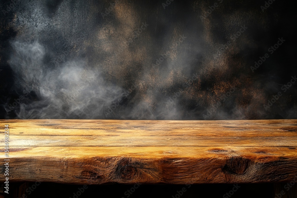rustic wooden table against a black smoky background, with ample space for branding or sale announcements, Generative AI rustic wooden table against a black smoky background, with ample space for branding or sale announcements, Generative AI