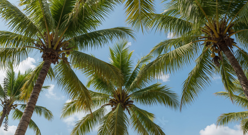 Wallpaper Mural Palm trees with lush green fronds against bright blue sky with light clouds. Tropical paradise view from low angle creates natural summer vacation atmosphere Torontodigital.ca