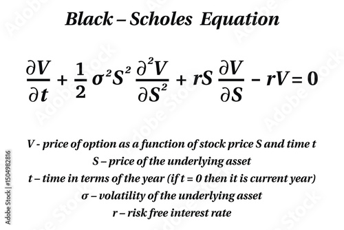 Black-Scholes equation on the white background. Education. Science. School. Vector illustration.