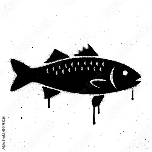 Black and white stencil graffiti of a fish with paint drips and rough spray texture on a wall.
