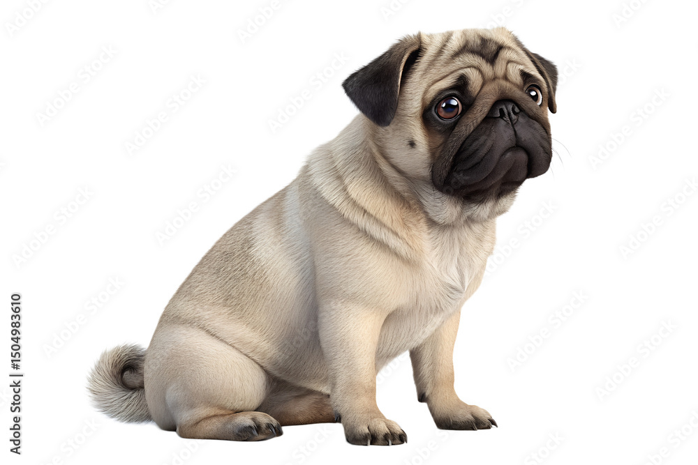 Obraz premium A charming pug dog sits in a poised position, with expressive eyes, and a delightful display of wrinkles, capturing the essence of a beloved companion