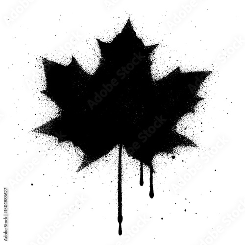 Grunge Black Maple Leaf Graffiti Spray Paint Stencil on White Background.